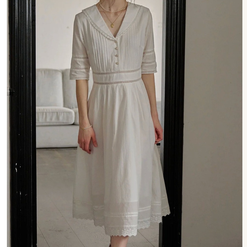 Simple Retro Fiona V Neck White Cotton Eyelet Lace Sailor Collar Midi Dress NWT - Picture 13 of 13